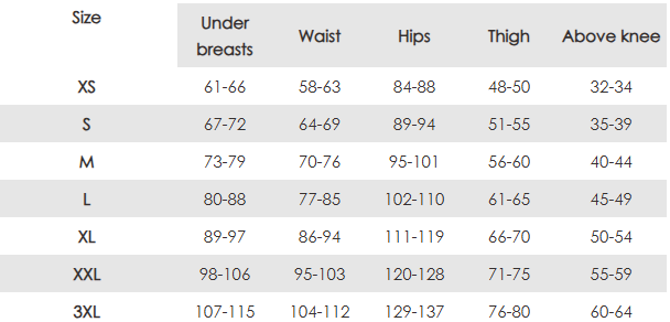 LipoElastic - VF body BBO Variant - met open gedeelte bij de billen - maattabel