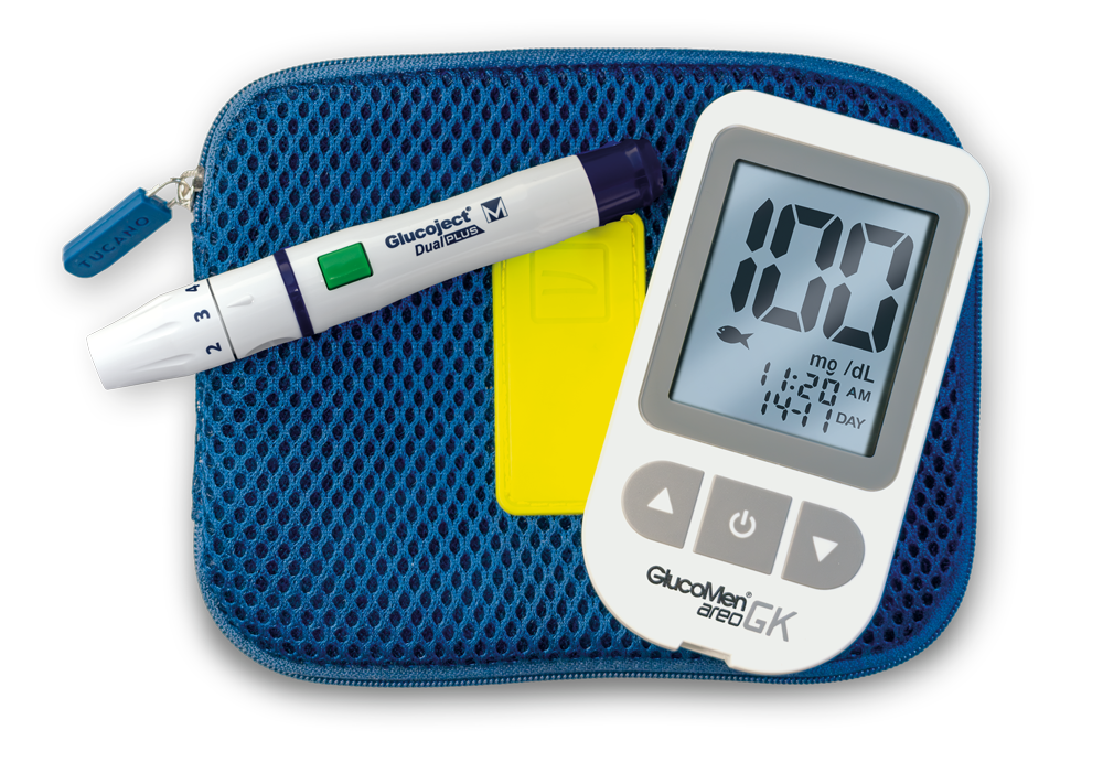 Glucosemeter GlucoMen Areo GK (incl Glucose- en beta-ketonen meter, prikpen, lancetten, glucosestrips, etui) - A.Menarini diagn