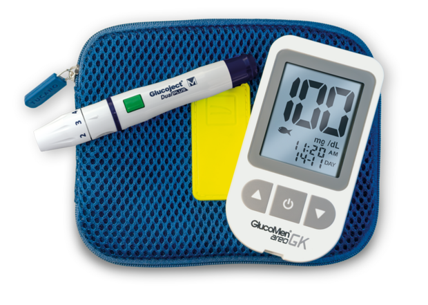 Glucosemeter GlucoMen Areo GK (incl Glucose- en beta-ketonen meter, prikpen, lancetten, glucosestrips, etui) - A.Menarini diagn